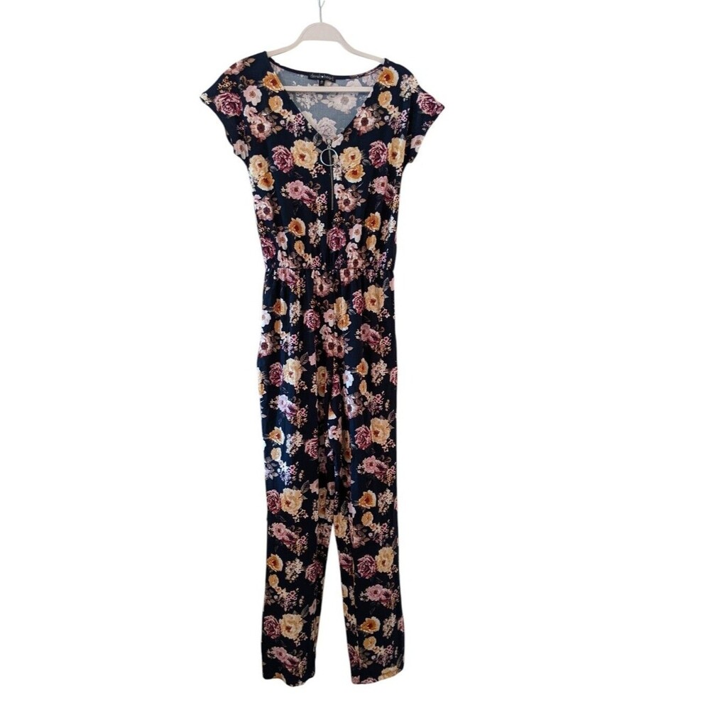 Derek Heart Navy Floral Short Sleeve Jumpsuit Quarter Zip Stretchy Medium